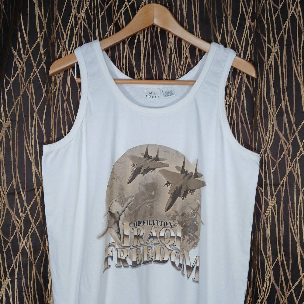M.J.‎ Soffe Tank Top Men Large White Operation Iraqi Freedom Fighter Jet Vintage